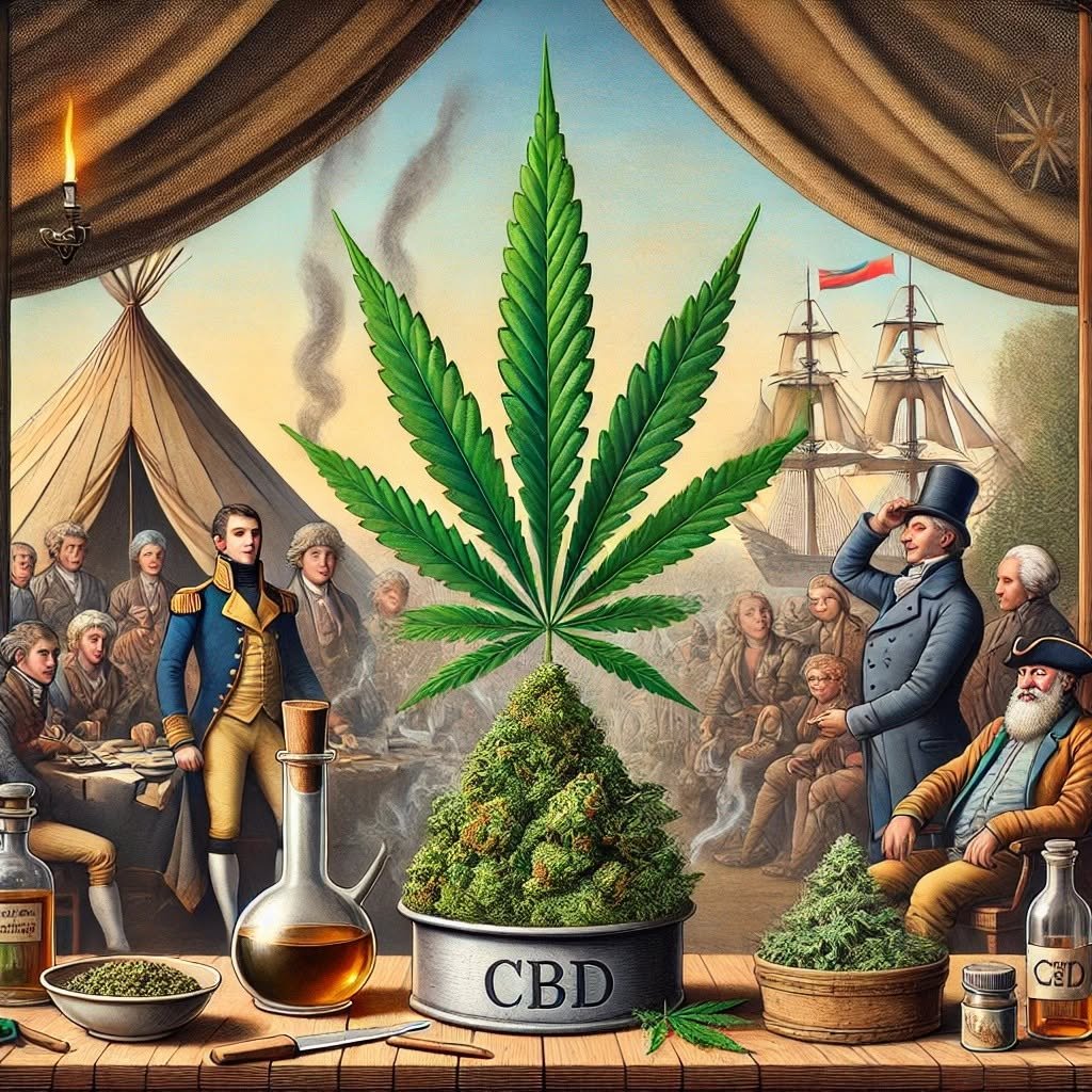 Illustrated historical scene depicting early cannabis use alongside sailing ships and traders