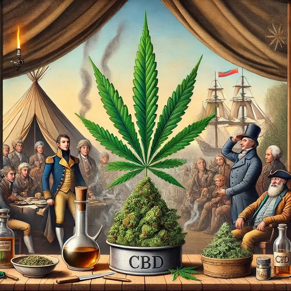 Illustrated historical scene depicting early cannabis use alongside sailing ships and traders