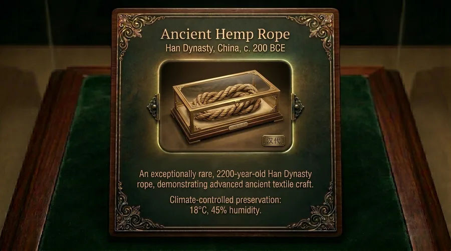 Coil of hand-twisted hemp rope, darkened with age, from Han Dynasty China