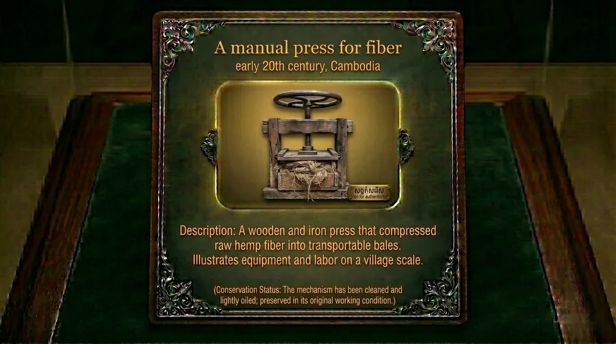 Hand-operated wooden press with iron screw, used to compact hemp fibre