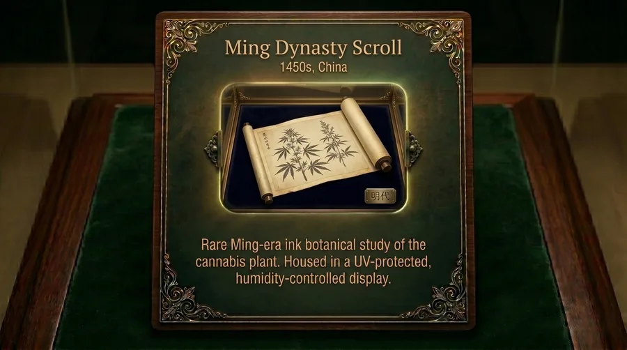 Ink-on-paper botanical study of a cannabis plant in Ming Dynasty style