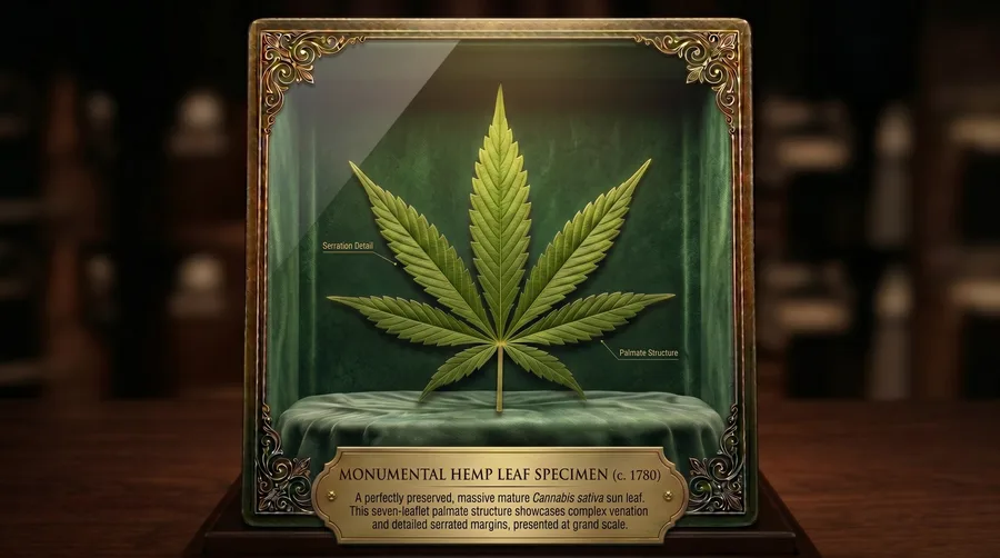 Large pressed cannabis leaf mounted on herbarium paper, dated around 1780