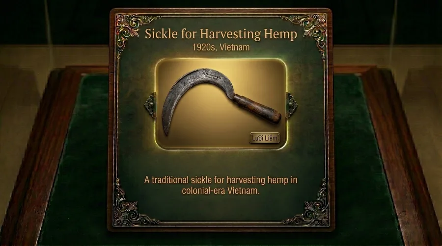 Curved iron harvesting sickle with worn wooden handle, Vietnam