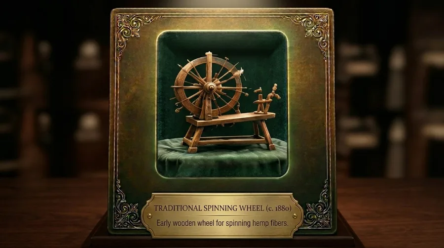 Wooden spinning wheel with spoked drive wheel, used for hemp fibre