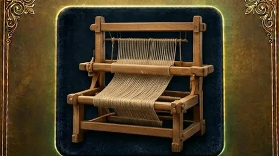 Wooden floor loom strung with hemp warp threads, Thailand