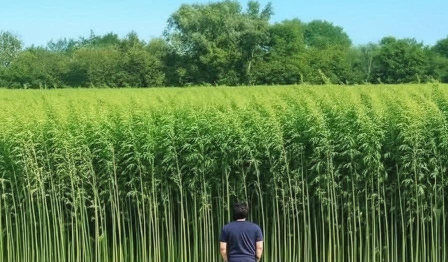 A dense hemp field in full growth, with a person standing among the tall stalks for scale