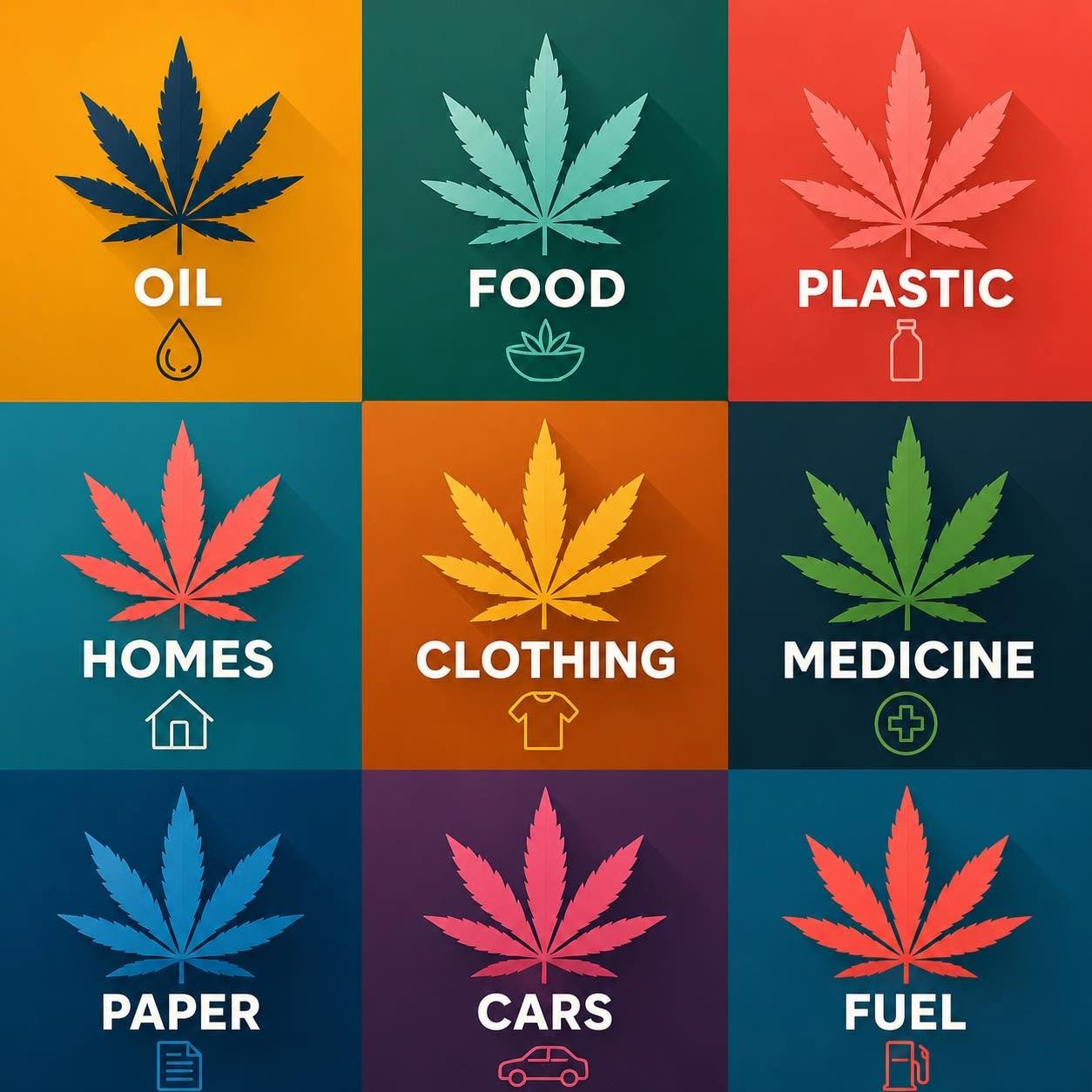 Infographic showing nine uses of hemp: oil, food, plastic, homes, clothing, medicine, paper, cars, and fuel
