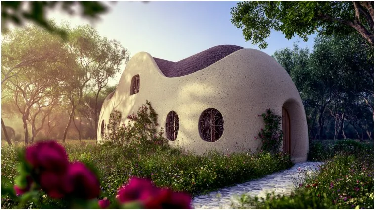 Hemp-built dome house set in a flowering garden