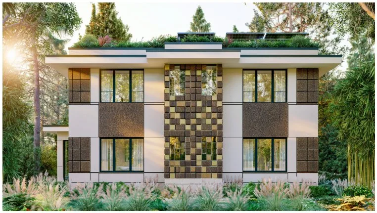 Modern two-storey house with hemp-panel facade among trees