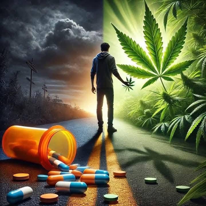Conceptual illustration of a figure standing between spilled pharmaceutical pills and a glowing cannabis leaf, representing the debate between conventional medicine and plant-based wellness